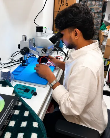 A Jimmy technician working on a phone board under a stereo microscope in Al Barsha 1